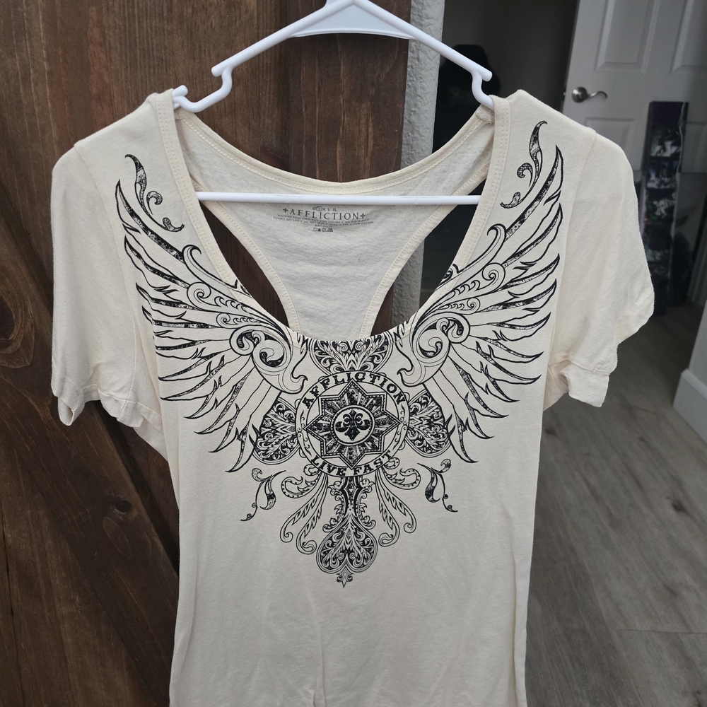 Affliction Cream Short Sleeve Tee with Black Wing Graphic